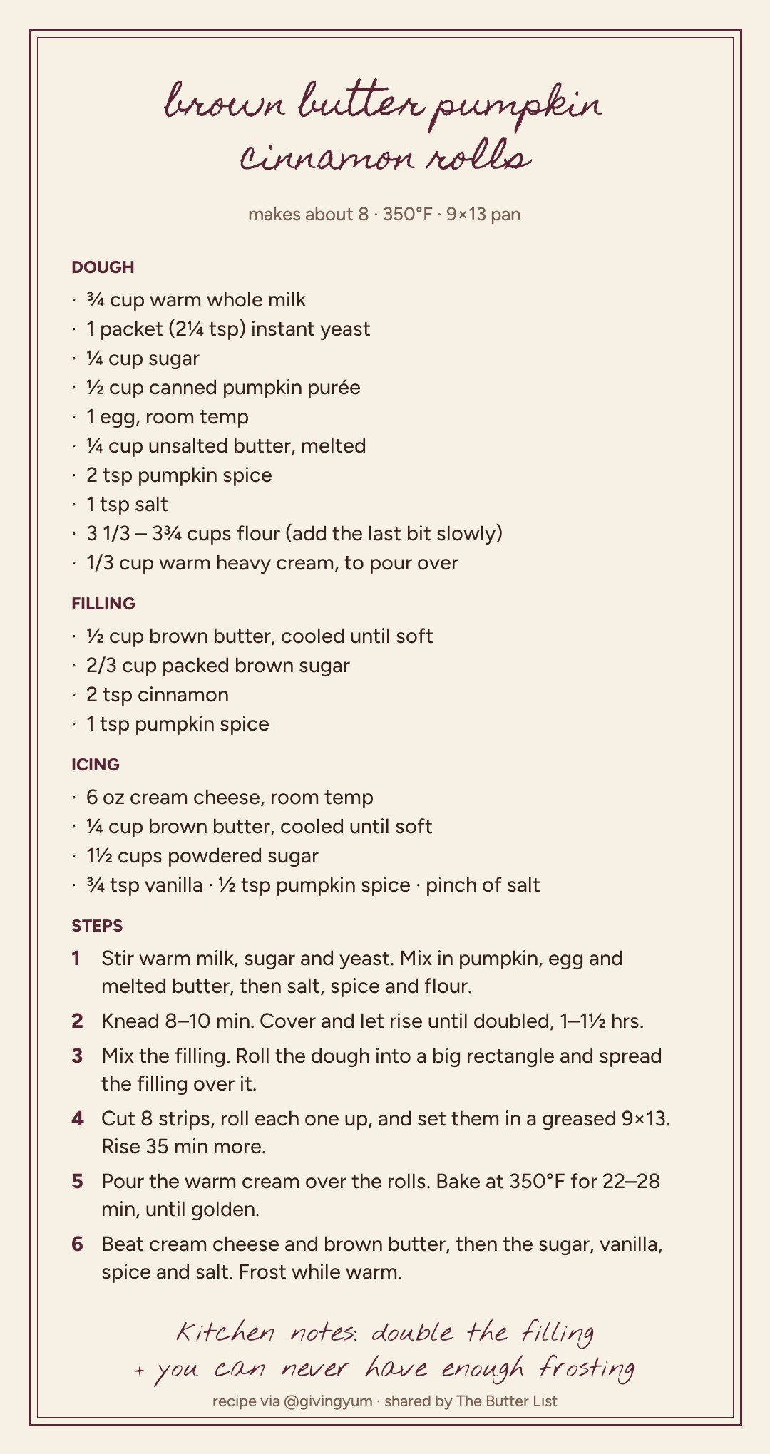 Printable recipe card for brown butter pumpkin cinnamon rolls